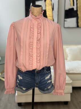 Vintage Donnkenny Pink Ruffle High Neck Victorian Blouse Size 16
